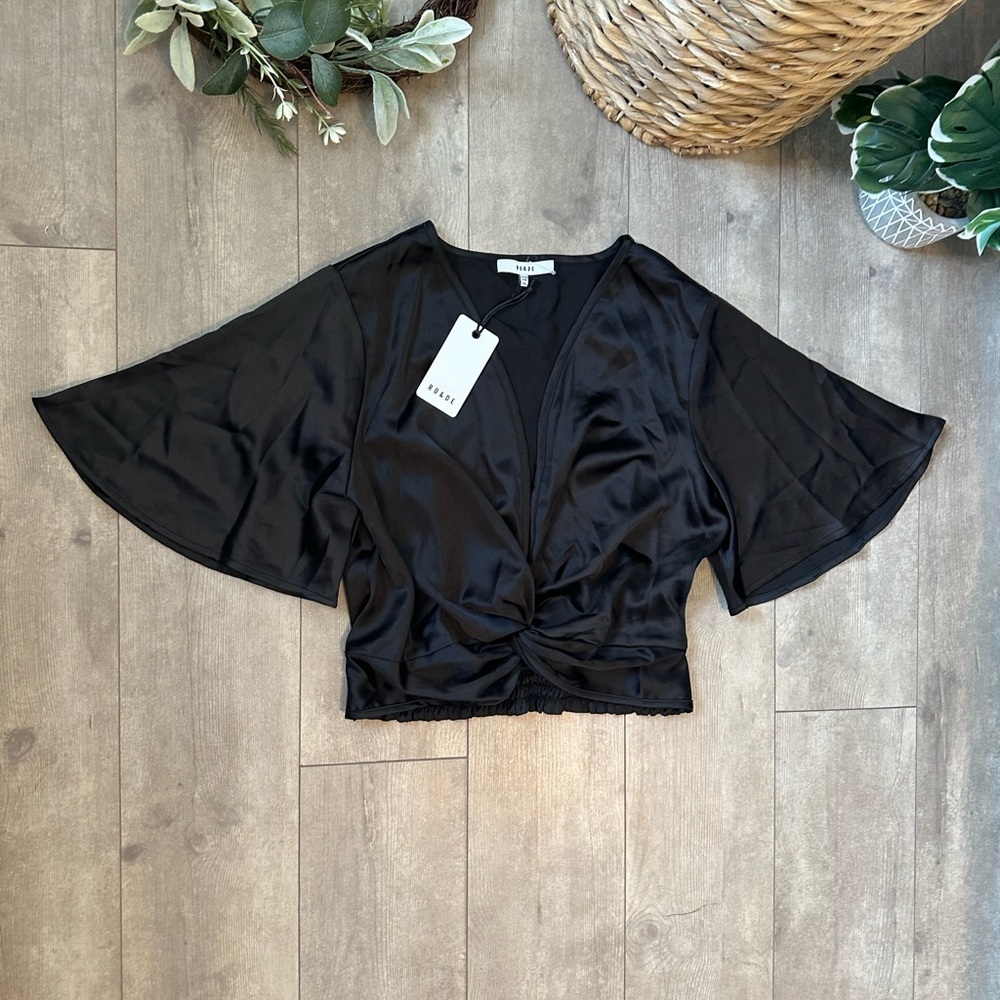 New Anthropologie Ro & De Women’s Cropped Elegant Black Satin Blouse - Picture 7 of 11